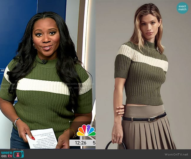 Pilcro Striped Short Sleeve Mock-Neck Sweater in Green worn by Kay Angrum on NBC News Daily