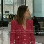 Rebecca’s pink v-neck plaid cardigan on Good Morning America