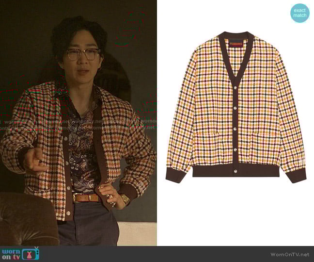 Pleasures Misquote Cardigan in Orange worn by Daniel Kim (Tim Jo) on Reasonable Doubt