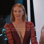 Whitney’s red plunge neck crochet dress on The Real Housewives of Salt Lake City