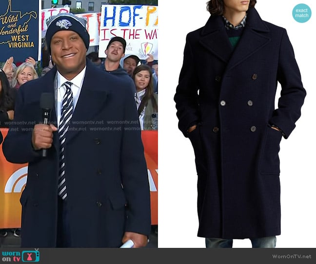 Polo Ralph Lauren Wool-Blend Double-Breasted Topcoat in Navy worn by Craig Melvin on Today