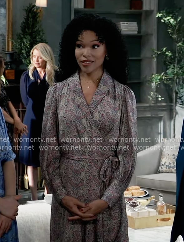 Portia’s paisley print wrap dress on General Hospital