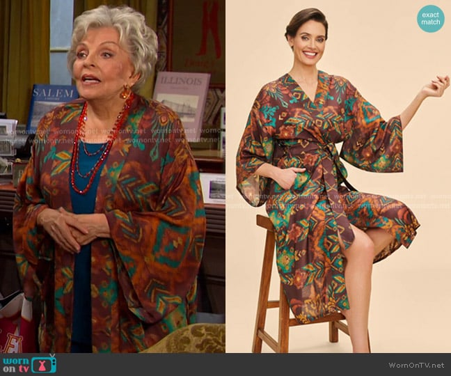Powder Kimono Gown in Chocolate Ikat worn by Julie Olson Williams (Susan Seaforth Hayes) on Days of our Lives