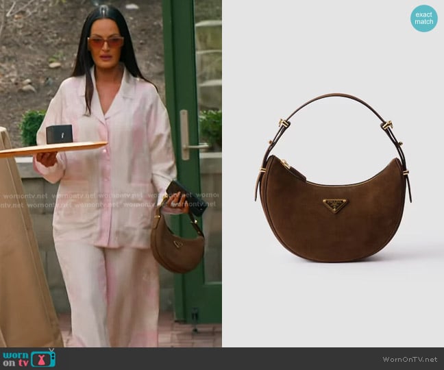 Prada Arqué Small Suede Shoulder Bag in Brown worn by Lisa Barlow on The Real Housewives of Salt Lake City