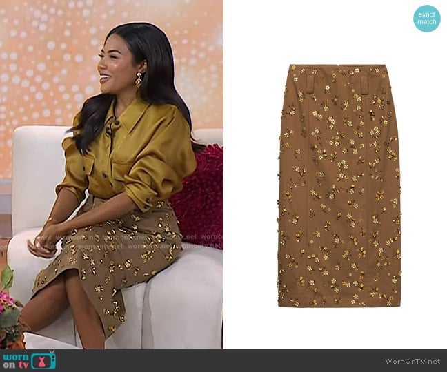 Prada Embroidered Chevron Midi Skirt in Brown worn by Emma Grede on Today