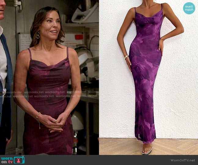 Debbie’s purple floral cowl neck dress on The Golden Bachelor