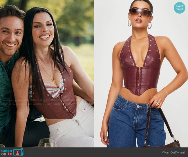 Princess Polly Palladia Pu Jordy Corset in Burgundy worn by Raquel Drabowski (Julia Fox) on Elsbeth