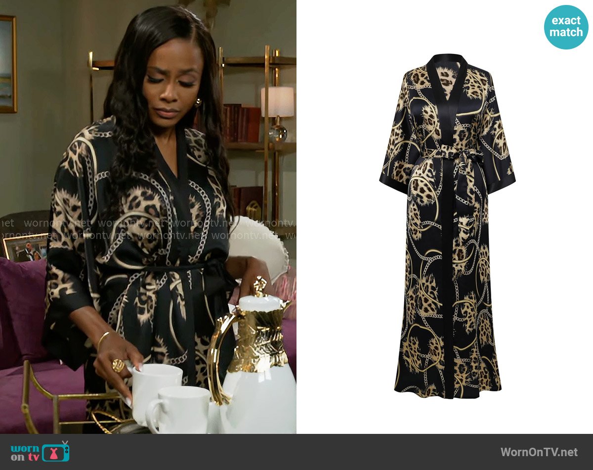 Prodesign Kimono Robe in Leopard Black worn by Hayley Lawson (Marquita Goings) on Beyond the Gates