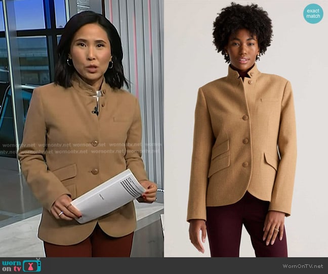 Quince Italian Wool Stand Collar Blazer in Warm Camel worn by Vicky Nguyen on NBC News Daily