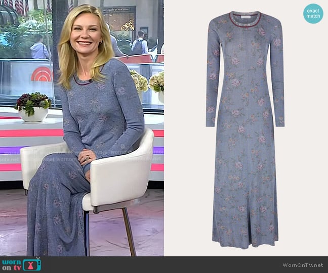 Rabanne Floral-Print Metallic Knit Maxi Dress in Blue worn by Kirsten Dunst on Today