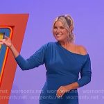 Rachel’s blue asymmetric shoulder dress on The Price is Right