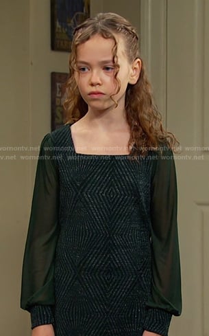 Rachel's green embellished sheer sleeve dress on Days of our Lives