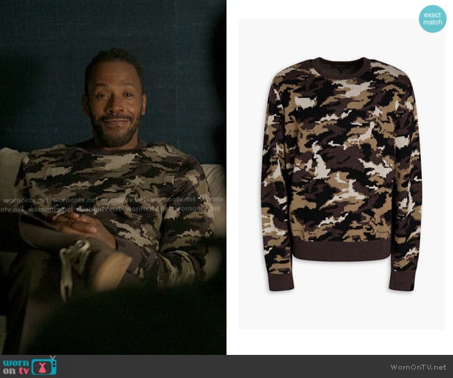 Rag & Bone camo print intarsia crewneck sweater in Green worn by Lewis Stewart (McKinley Freeman) on Reasonable Doubt
