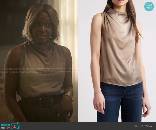 Rag & Bone Julie Mock Neck Sleeveless Satin Top in Brown Multi worn by Sally Braswell (Nefetari Spencer) on Reasonable Doubt