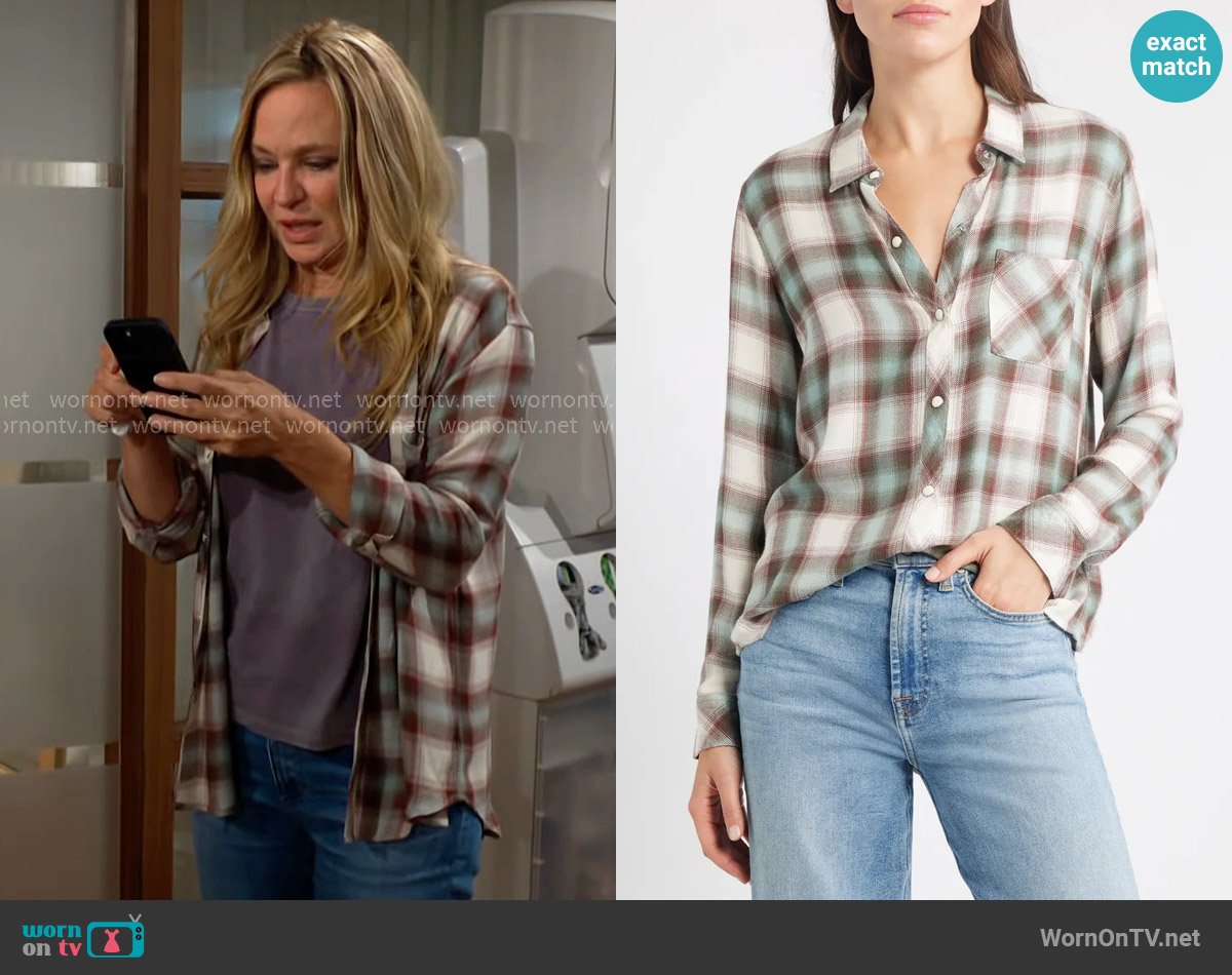 Rails Hunter Shirt in Birch Olive Teal worn by Sharon Newman (Sharon Case) on The Young and the Restless
