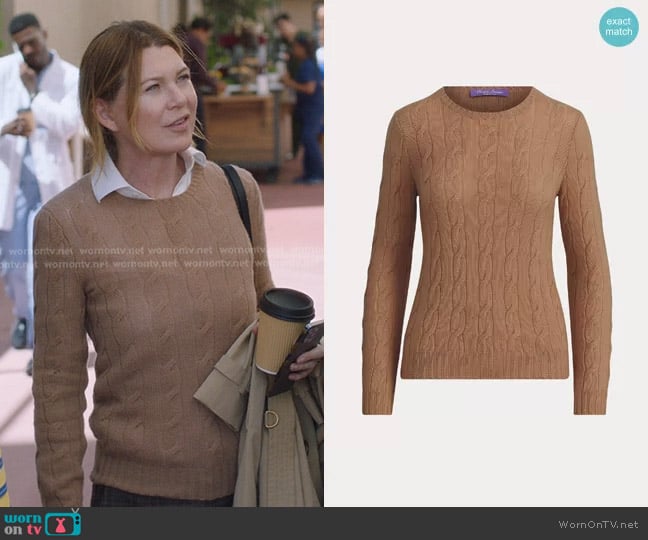 Ralph Lauren Collection Cable-Knit Cashmere Sweater in Lux Camel worn by Meredith Grey (Ellen Pompeo) on Greys Anatomy