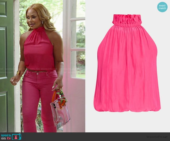Ramy Brook Rowan Ruffled High-Neck Blouse worn by Gizelle Bryant on The Real Housewives of Potomac