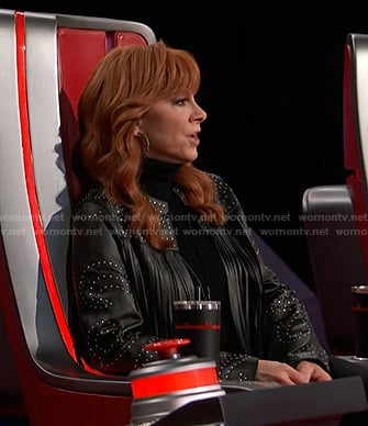 Reba’s black studded fringed leather jacket on The Voice