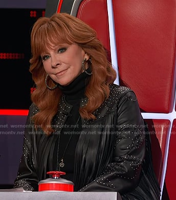 Reba’s black studded fringed leather jacket on The Voice