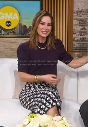 Rebecca's purple puff sleeve sweater and printed skirt on Good Morning America