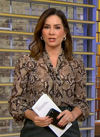 Rebecca's snake print tie neck blouse and black skirt on Good Morning America