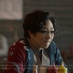 Danie’s red and blue print cardigan on Reasonable Doubt