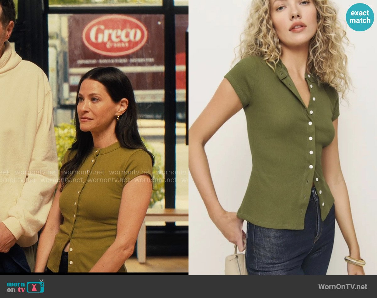 Reformation Raelynn Top in Pear worn by Esther Roklov (Jackie Tohn) on Nobody Wants This