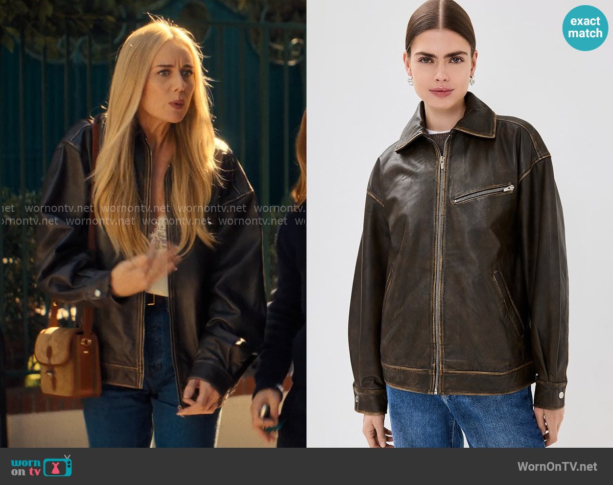 Reformation Veda Marco Leather Oversized Bomber worn by Morgan (Justine Lupe) on Nobody Wants This