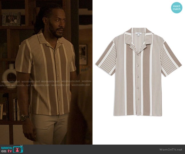 Reiss Alcazar Stripe Ribbed Cuban Shirt in Oatmeal/White worn by Lewis Stewart (McKinley Freeman) on Reasonable Doubt