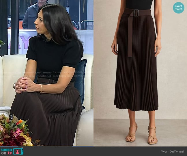 Reiss Ava Pleated Midi Skirt in Chocolate Brown worn by Dr. Natalie Azar on Today