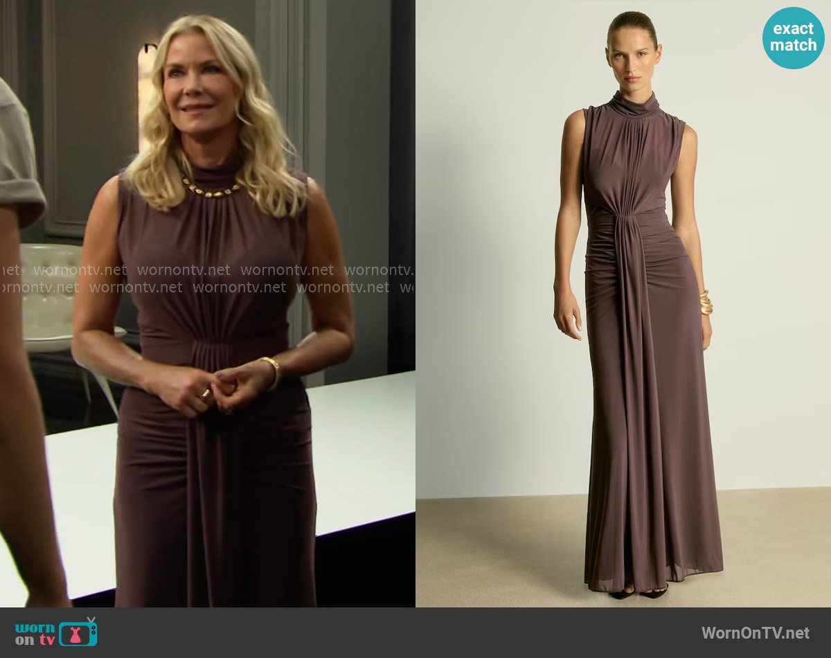 Reiss Daniella Dress in Taupe worn by Brooke Logan (Katherine Kelly Lang) on The Bold and the Beautiful
