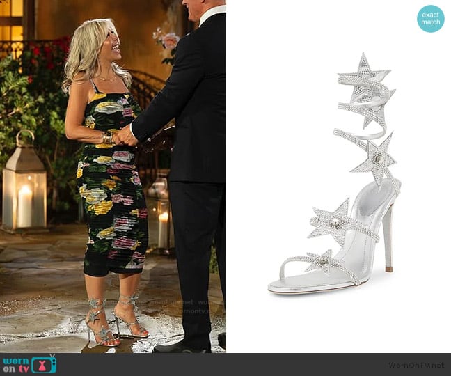 Rene Caovilla Cleo Crystal Star Satin Snake-Wrap Sandals worn by Amy Kaplan on The Golden Bachelor
