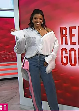 Renee’s stripe off-shoulder shirt and bow jeans on Today
