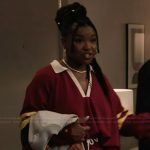 Erika’s red striped jersey top and pants on Abbott Elementary