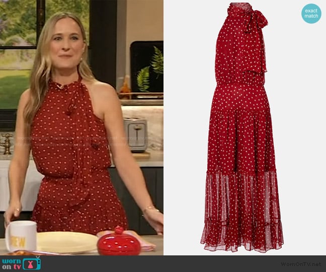 Rixo Abi polka-dot chiffon midi dress worn by Courtney McBroom on The Drew Barrymore Show