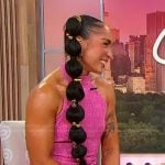 Robin Arzon’s pink tweed bow detail top and skirt on Sherri