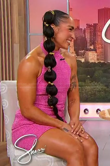 Robin Arzon’s pink tweed bow detail top and skirt on Sherri
