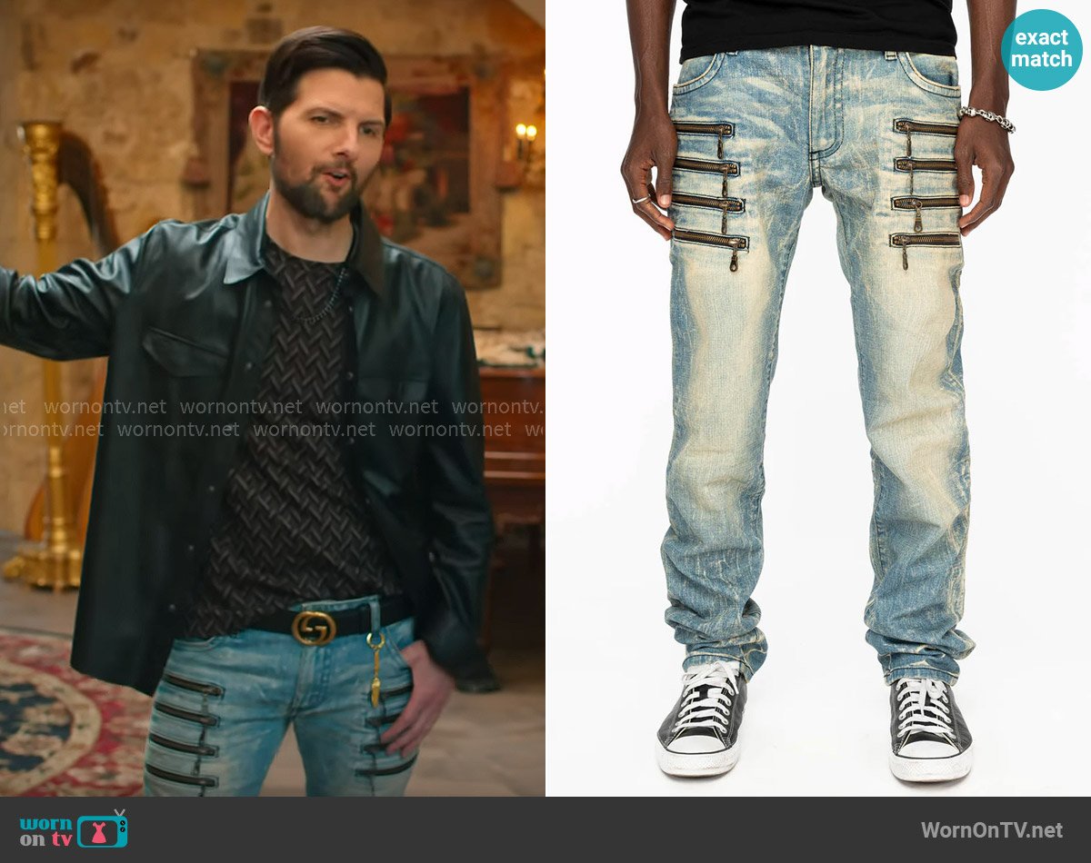 Robin's Jeans Motorcycle Zippers Slim Jeans in Light Blue Wash worn by John Novak (Adam Scott) on Loot