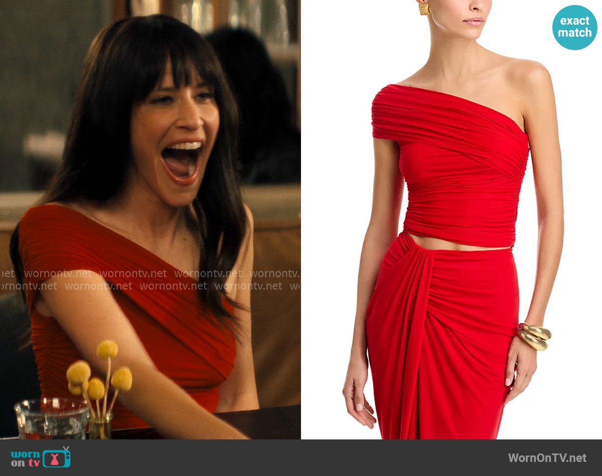 Ronny Kobo Ranada Ruched One Shoulder Top in Flame worn by Esther Roklov (Jackie Tohn) on Nobody Wants This