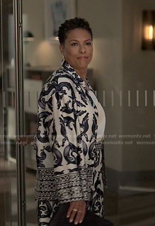 Rosie's blue and white print shirt and pants on Reasonable Doubt