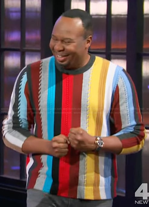 Roy Wood Jr’s multicolored stripe sweater on The Kelly Clarkson Show
