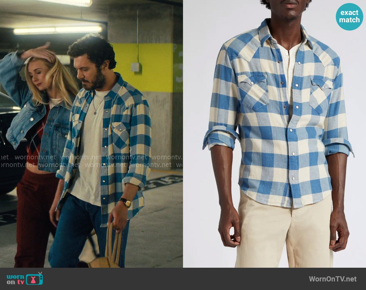 RRL Slim Fit Buffalo Plaid Cotton & Linen Twill Western Snap-Up Shirt worn by Noah (Adam Brody) on Nobody Wants This