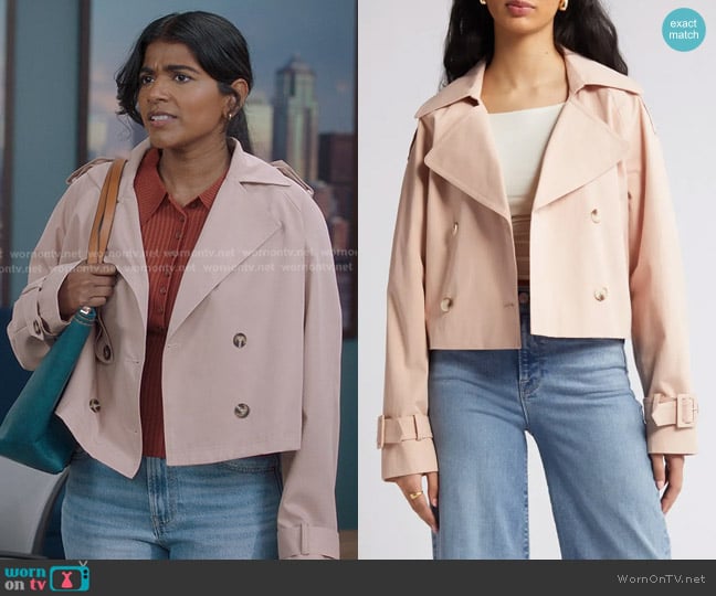 Rue Sophie Enola Crop Trench Coat worn by Kavita Mohanty (Anita Kalathara) on Greys Anatomy