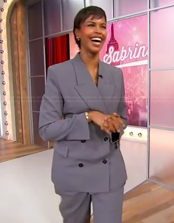 Sabrina’s gray double breasted blazer and pants on Sherri