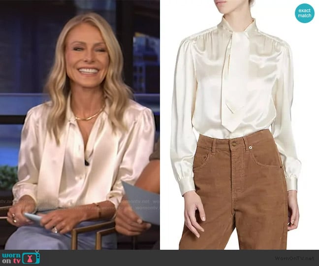 Saint Laurent Lavallière-neck Blouse In Silk Satin worn by Kelly Ripa on Live with Kelly and Mark