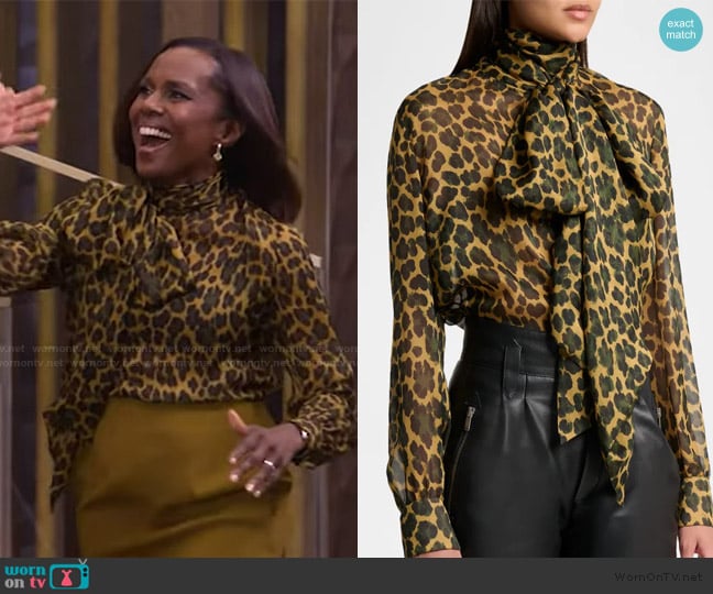 Saint Laurent Leopard Silk Chiffon Bow-Neck Blouse worn by Deborah Roberts on Live with Kelly and Mark