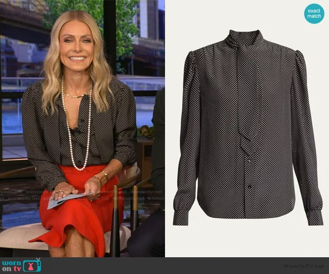 Saint Laurent Polka Dot Tie-Neck Button Down Silk Blouse worn by Kelly Ripa on Live with Kelly and Mark