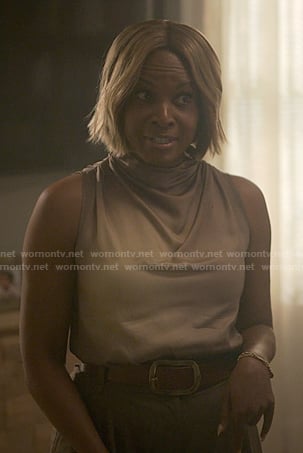 Sally's beige sleeveless satin top on Reasonable Doubt