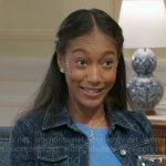 Samantha’s bow print denim jacket and jeans set on Beyond the Gates