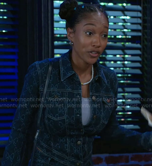 Samantha’s bow print denim jacket and jeans set on Beyond the Gates